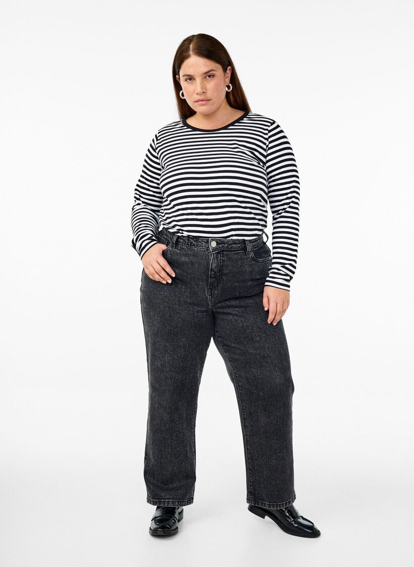 Striped blouse with long sleeves, Black, Model image number 1