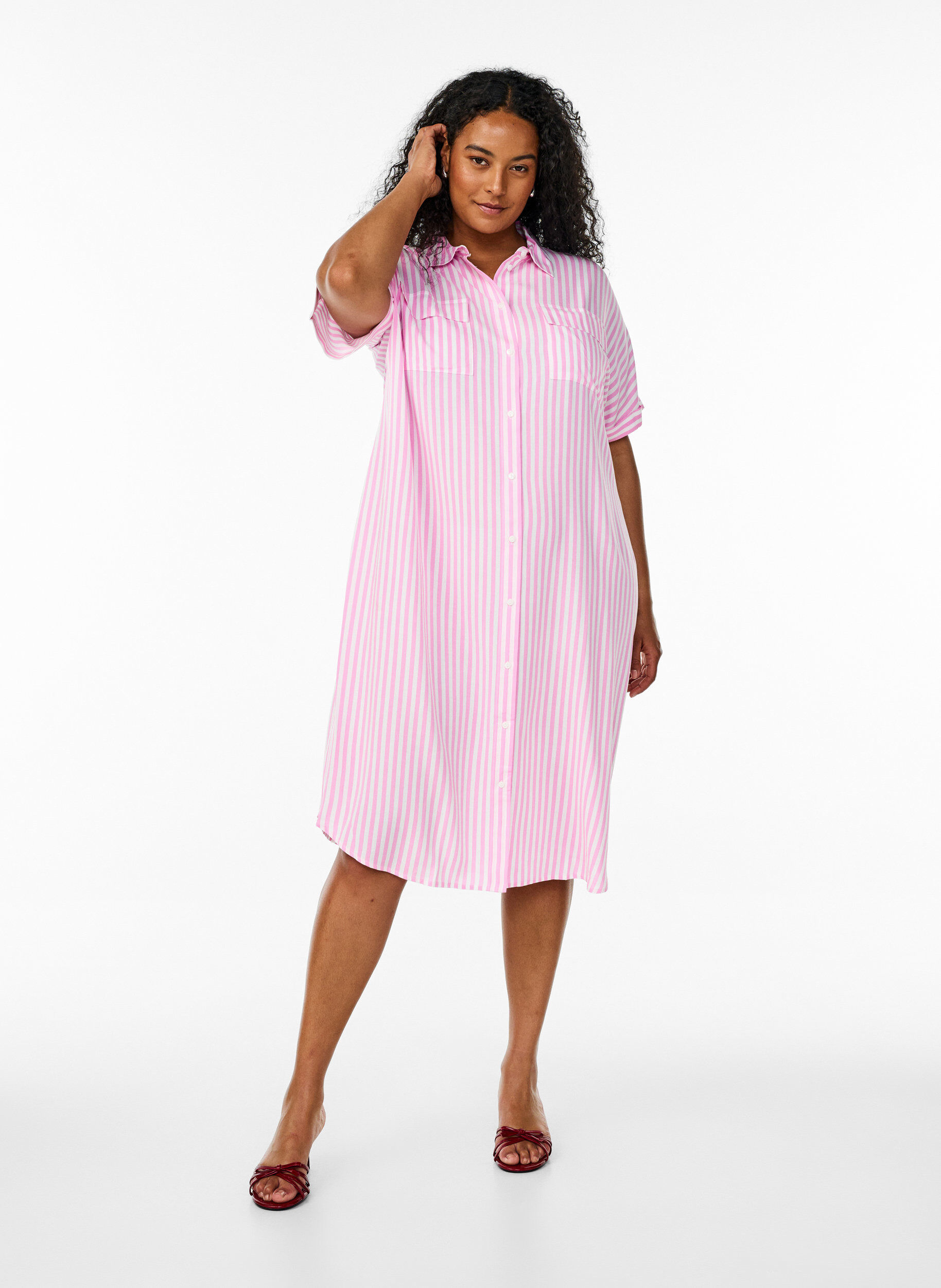Zizzifashion FLASH - Long shirt dress with short sleeves, Pink, Model image number 1