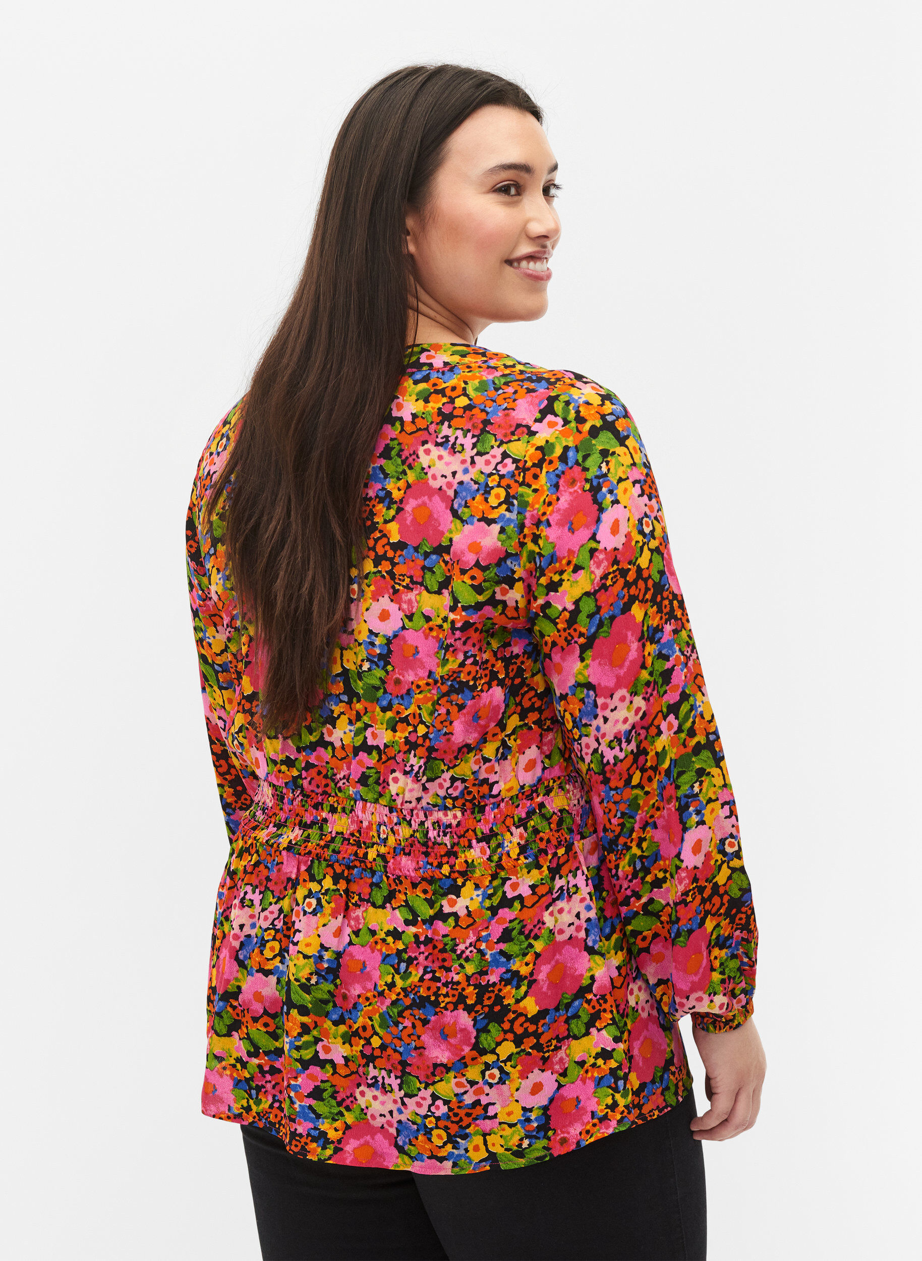 Zizzifashion Viscose top with floral print and smock, Neon Flower Print, Model image number 1