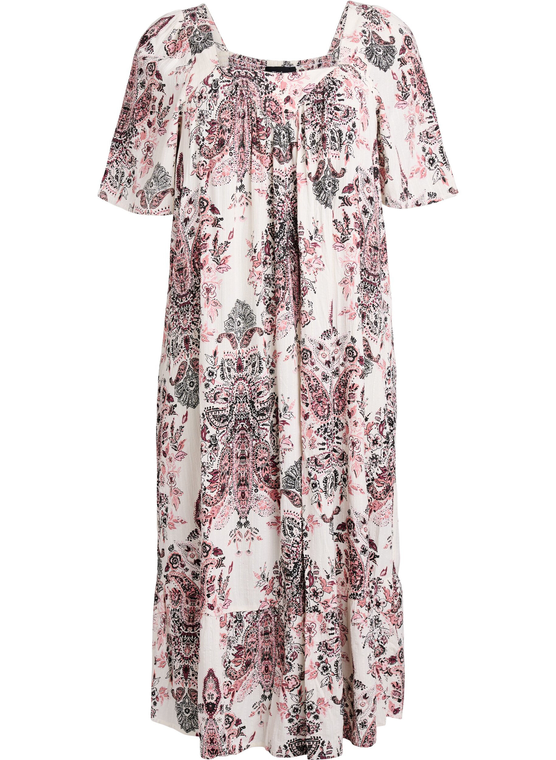 Long dress with a square neckline and floral motifs