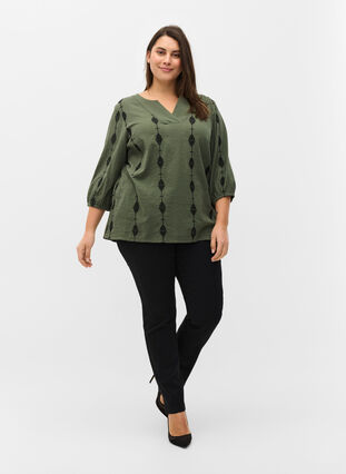 Blouse with pattern, v-neck and 3/4 sleeves, Thyme, Model image number 2