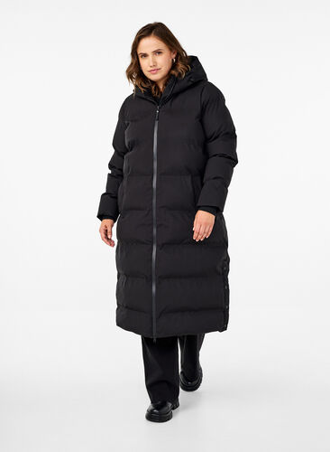 Women's Size 16 Long Line Black Puffer Coat - Quilted Body Warmer With Hood & Side Zip
