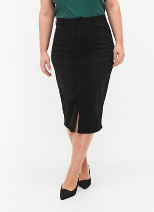 Denim midi skirt with slits, Black, Model image number 2