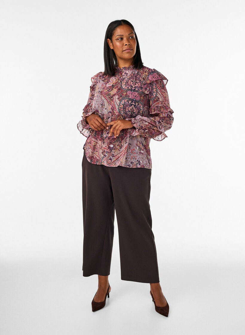 Blouse with paisley print and ruffle details, Purple, Model image number 1
