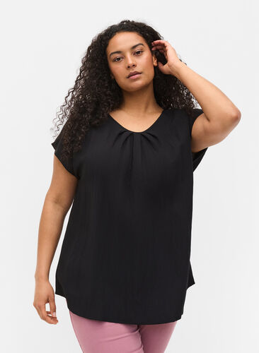 Short-sleeved viscose blouse with round neck, Black, Model image number 0