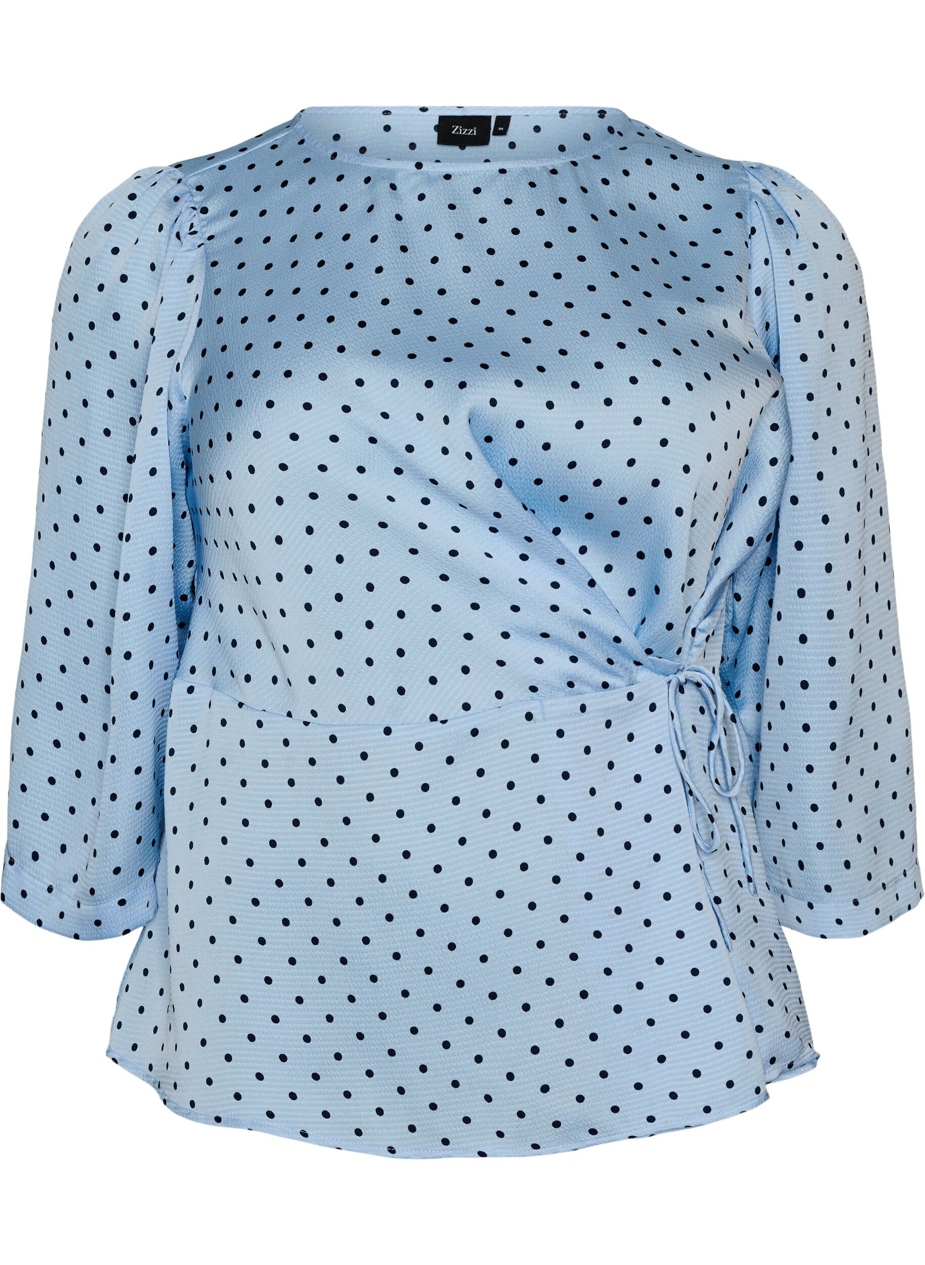 Zizzifashion Polka dot blouse with tie-fastening and 3/4-sleeves, Light Blue, Packshot image number 0