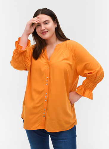 Viscose blouse with button fastening and 3/4-length sleeves, Tangelo, Model image number 0