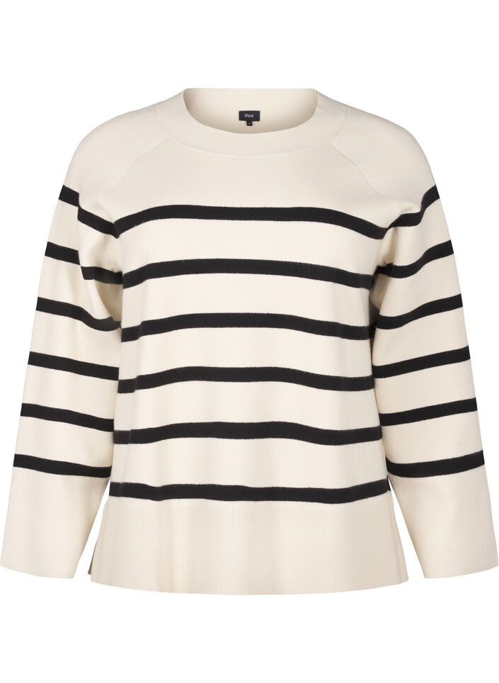 Striped knitted blouse with round neck, Birch w. Black, Packshot image number 0