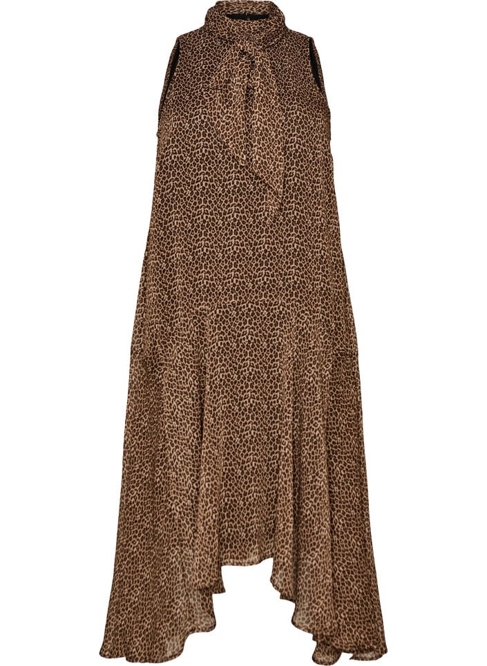 Midi dress in chiffon with leopard print and a tie-waist, Brown, Packshot image number 0