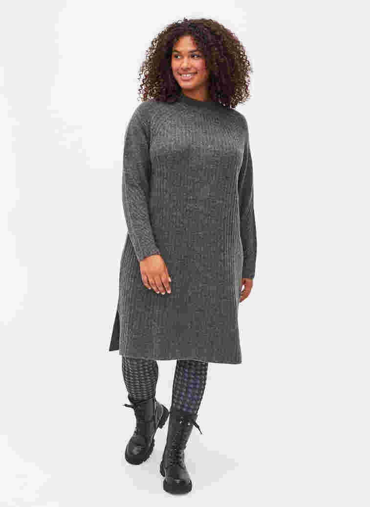 Knitted dress with rib structure, Dark Grey Melange, Model image number 2