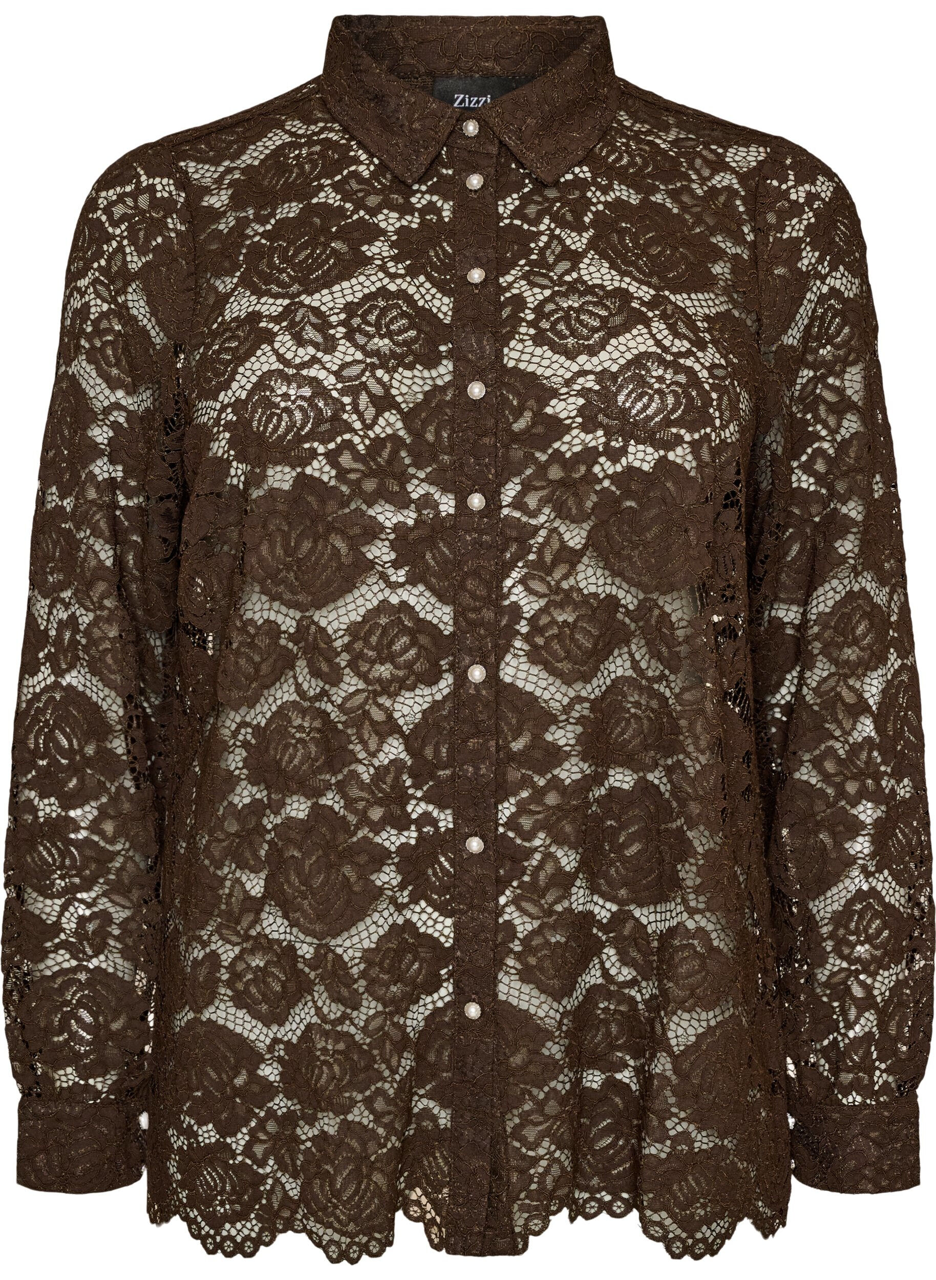 ZizzifashionLace shirt with pearl buttons, Brown, Packshot image number 0
