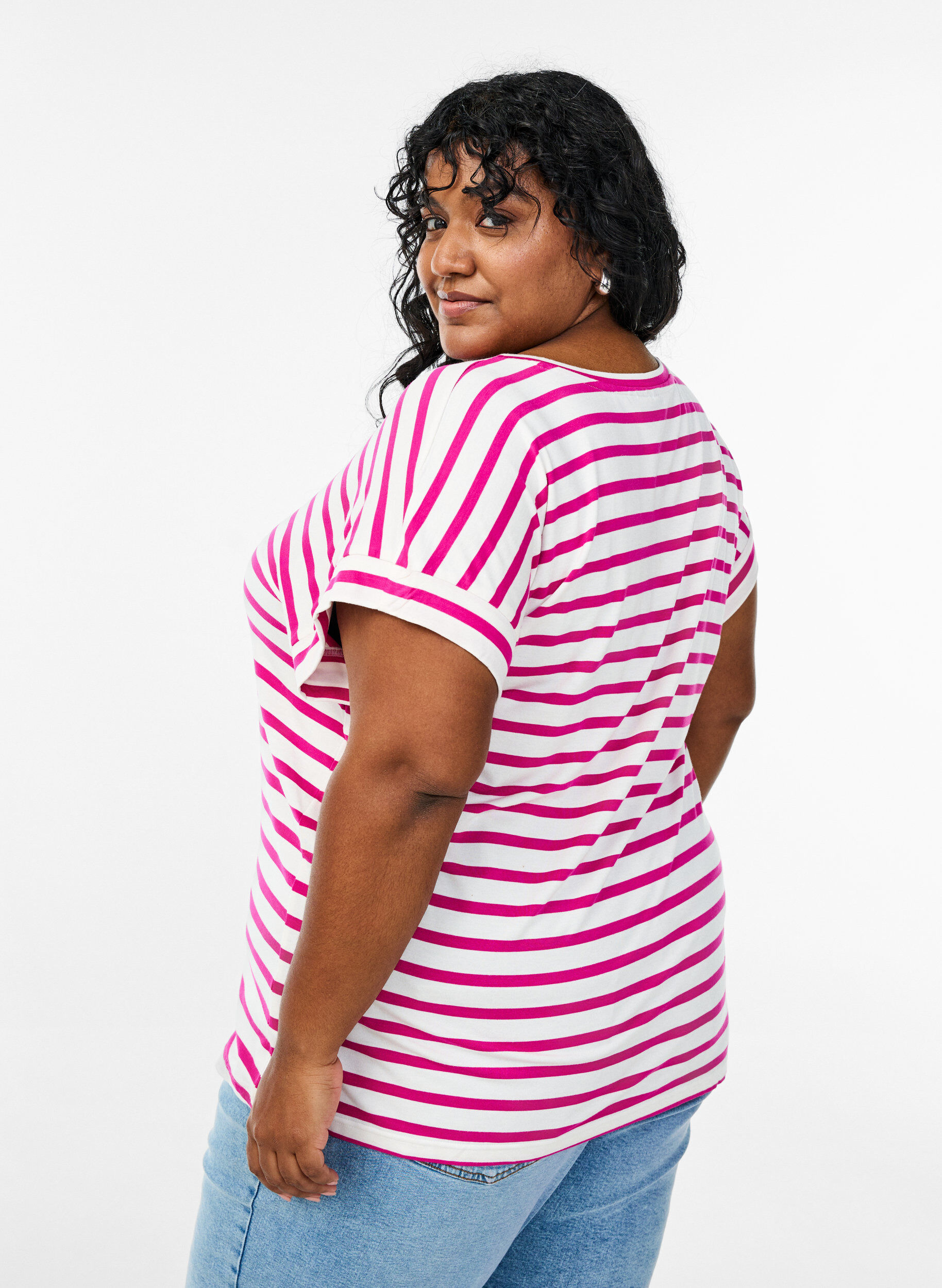 Zizzifashion Striped T-shirt with V-neck, Rose, Model image number 2