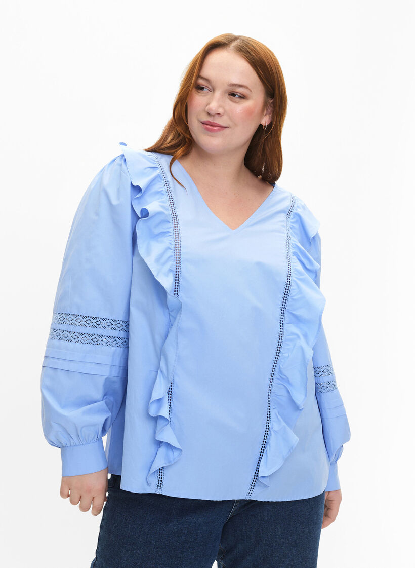 Blouse with ruffles and lace trim, Light Blue, Model image number 0