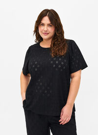 Short-sleeved blouse with hole pattern, Black, Model