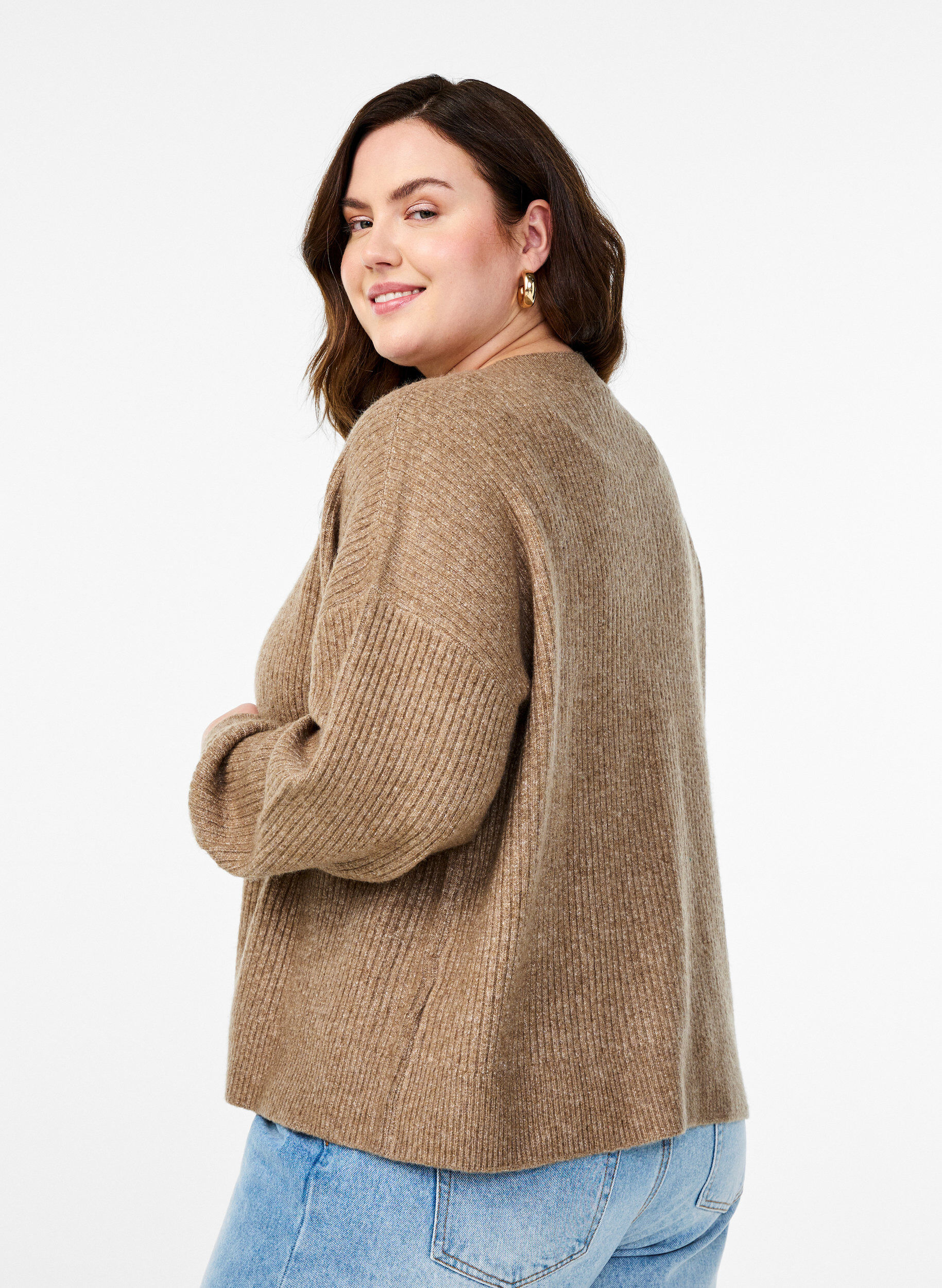 ZizzifashionRib knit cardigan with buttons, Brown, Model image number 2