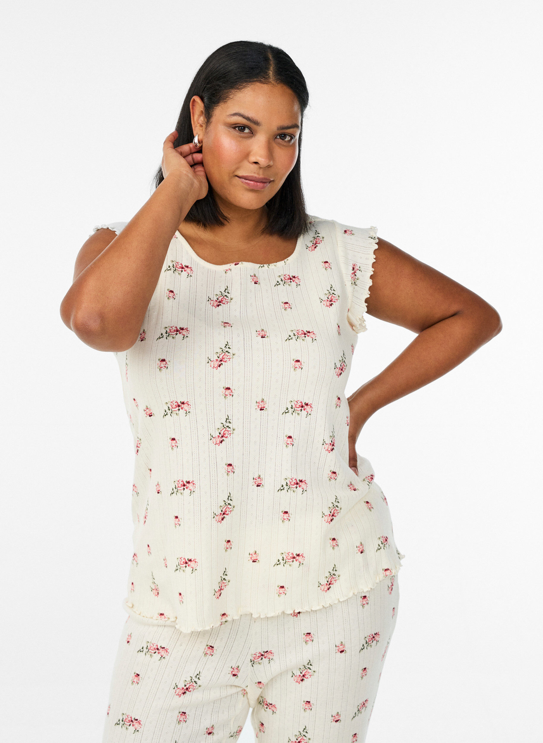 Zizzifashion Organic cotton pyjama top with cap sleeves, 9990, Model image number 0