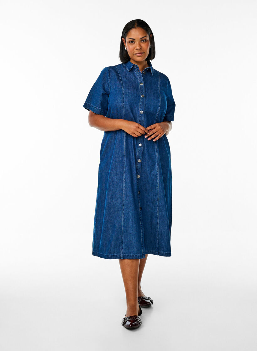 Midi-length denim shirt dress, Blue, Model image number 0