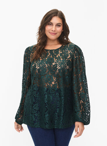 FLASH - Long sleeve lace blouse, Scarab, Model image number 0