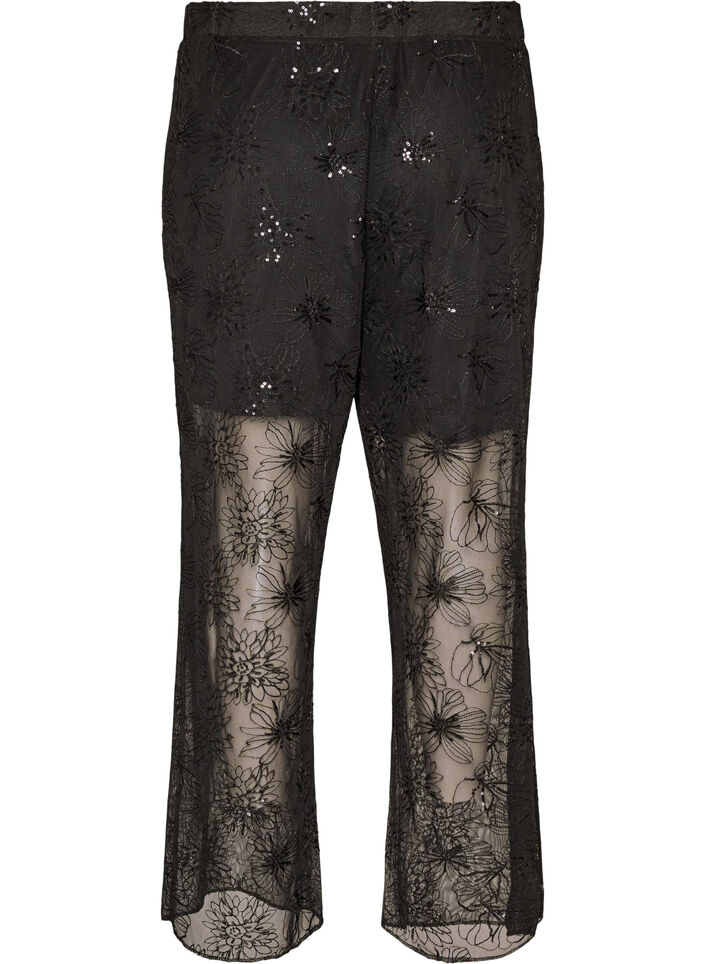 Mesh trousers with floral embroidery and sequins, Black, Packshot image number 1