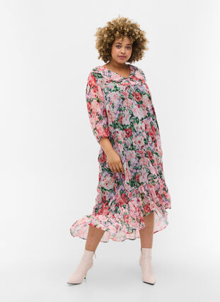 Floral printed midi dress with 3/4 sleeves and frills, Flower AOP, Model image number 2