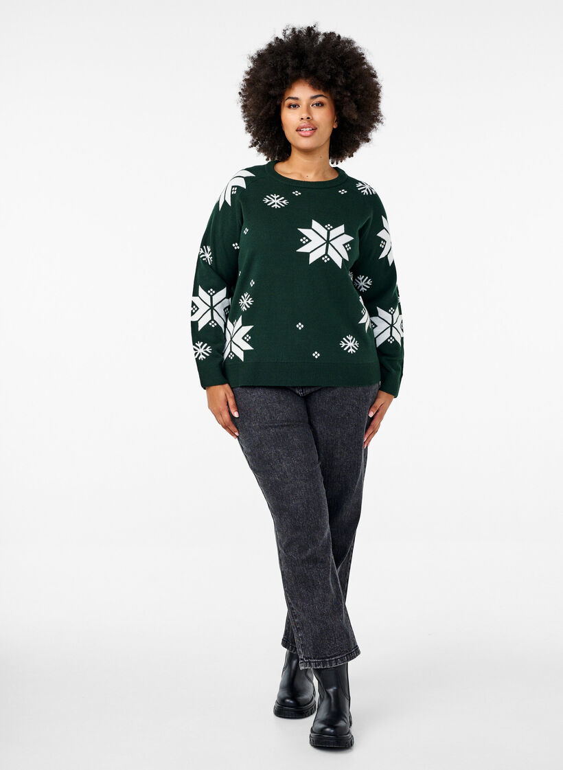 Knitted jumper with snowflakes, Green, Model image number 1