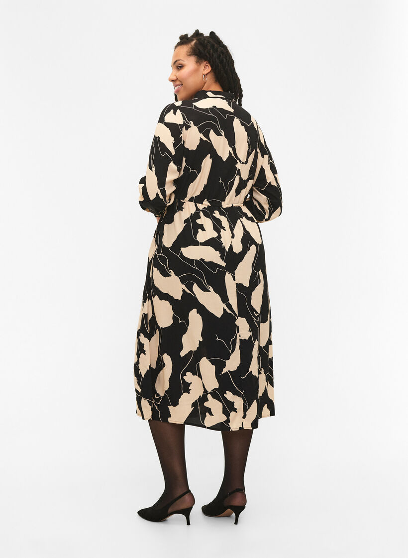 Long-sleeved midi dress in viscose with print, Black AOP, Model image number 1