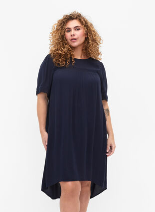 Viscose dress with lace band, Navy, Model image number 0