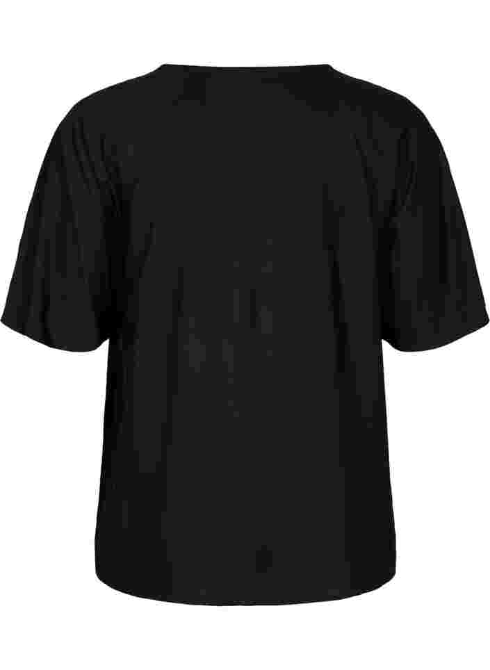 Short-sleeved viscose blouse with string detailing, Black, Packshot image number 1