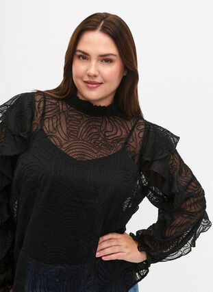 Ruffle blouse in chiffon with structure, Black, Model image number 2