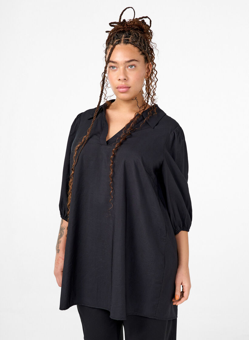 Viscose tunic with V-neck and collar, Black, Model image number 0