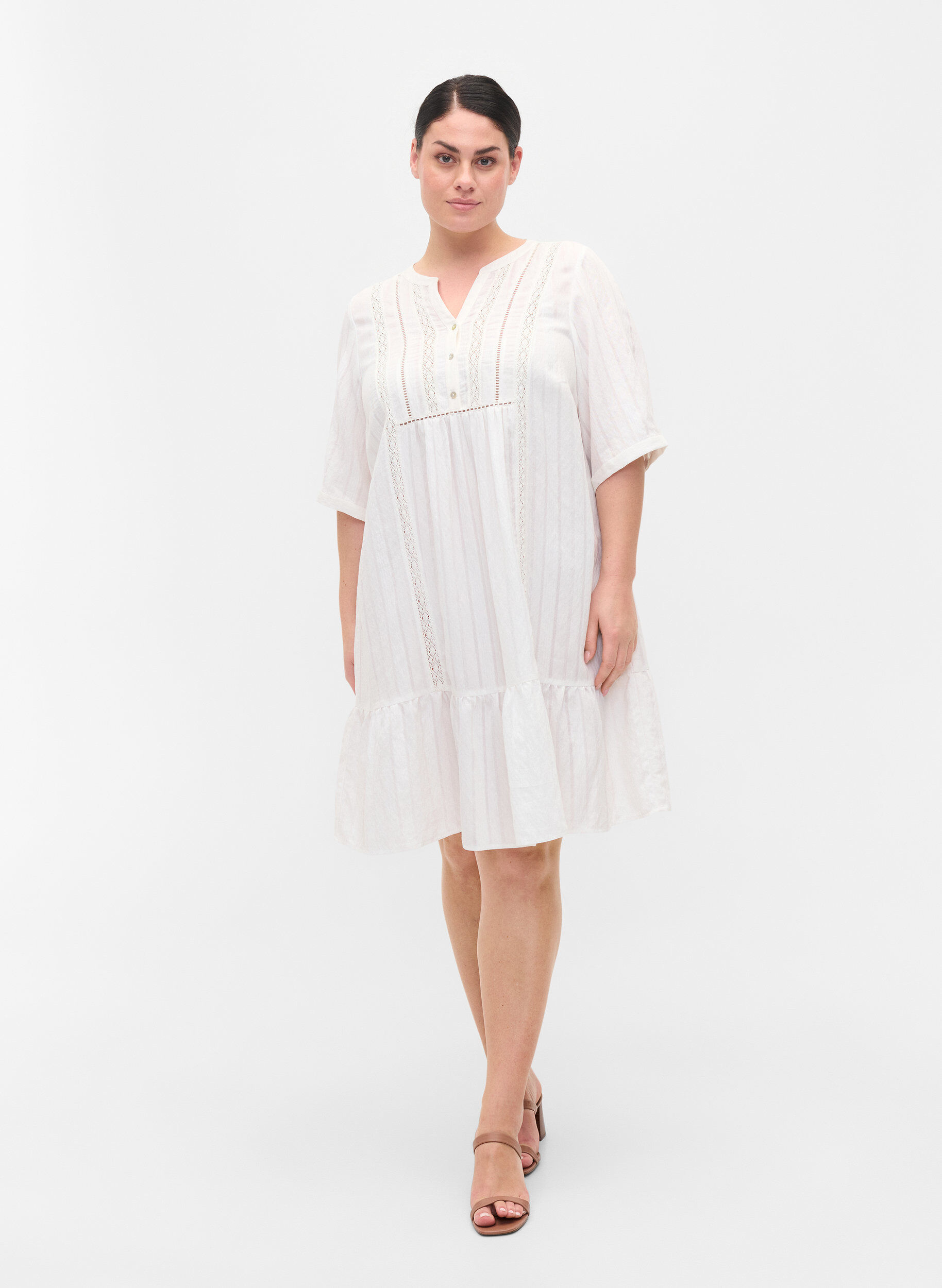 Zizzifashion Striped viscose dress with lace ribbons, Bright White, Model image number 2