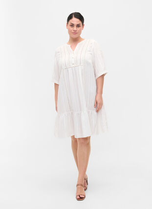 Striped viscose dress with lace ribbons, Bright White, Model image number 2