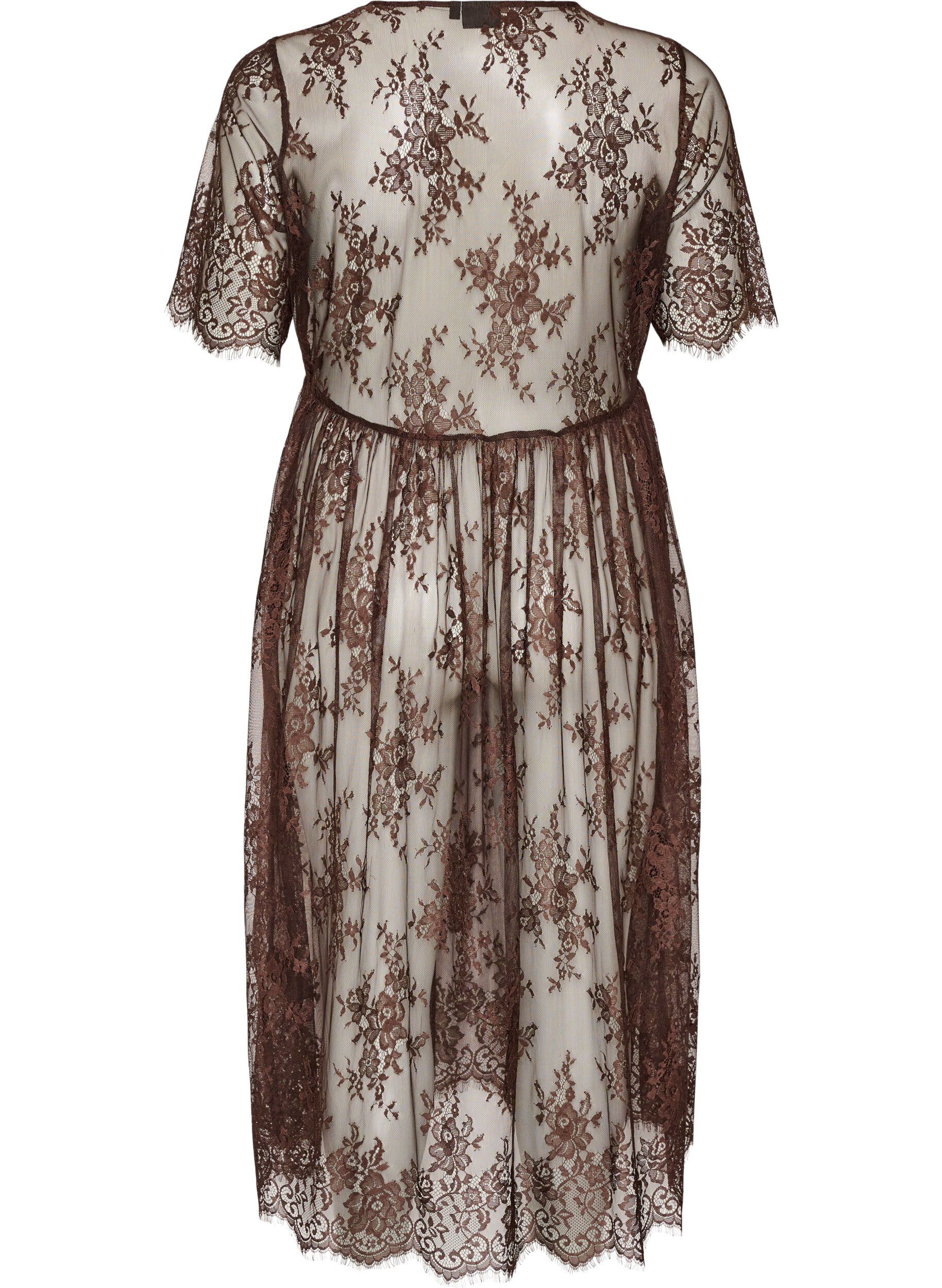 ZizzifashionSheer lace midi dress with short sleeves, Brown, Packshot image number 1
