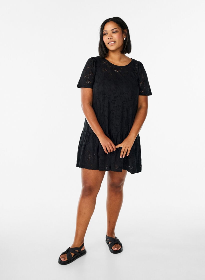 Short jersey dress with eyelet pattern, Black, Model image number 1