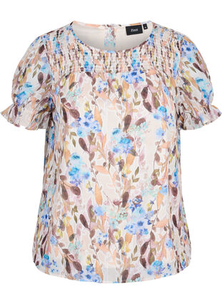 Short-sleeved floral blouse with smock, Humus Flower AOP, Packshot image number 0