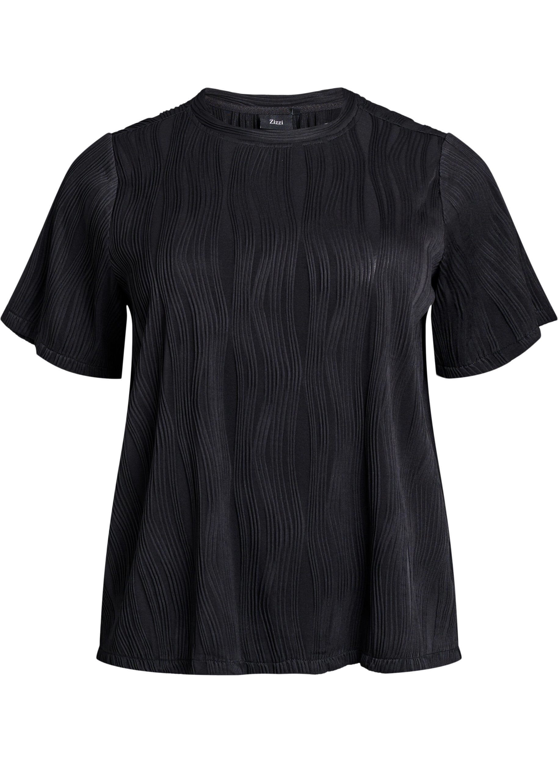 Zizzifashion Blouse with short sleeves and a wavy texture, Black, Packshot image number 0