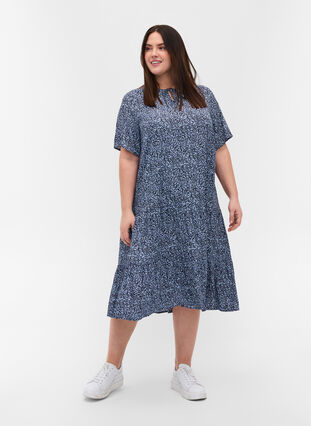 Short-sleeved viscose dress with print, Blue Flower Mix, Model image number 2