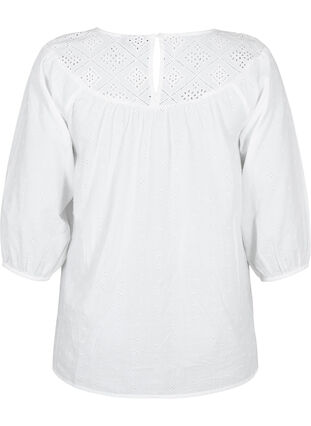 Blouse with embroidery anglaise and 3/4 sleeves, Bright White, Packshot image number 1
