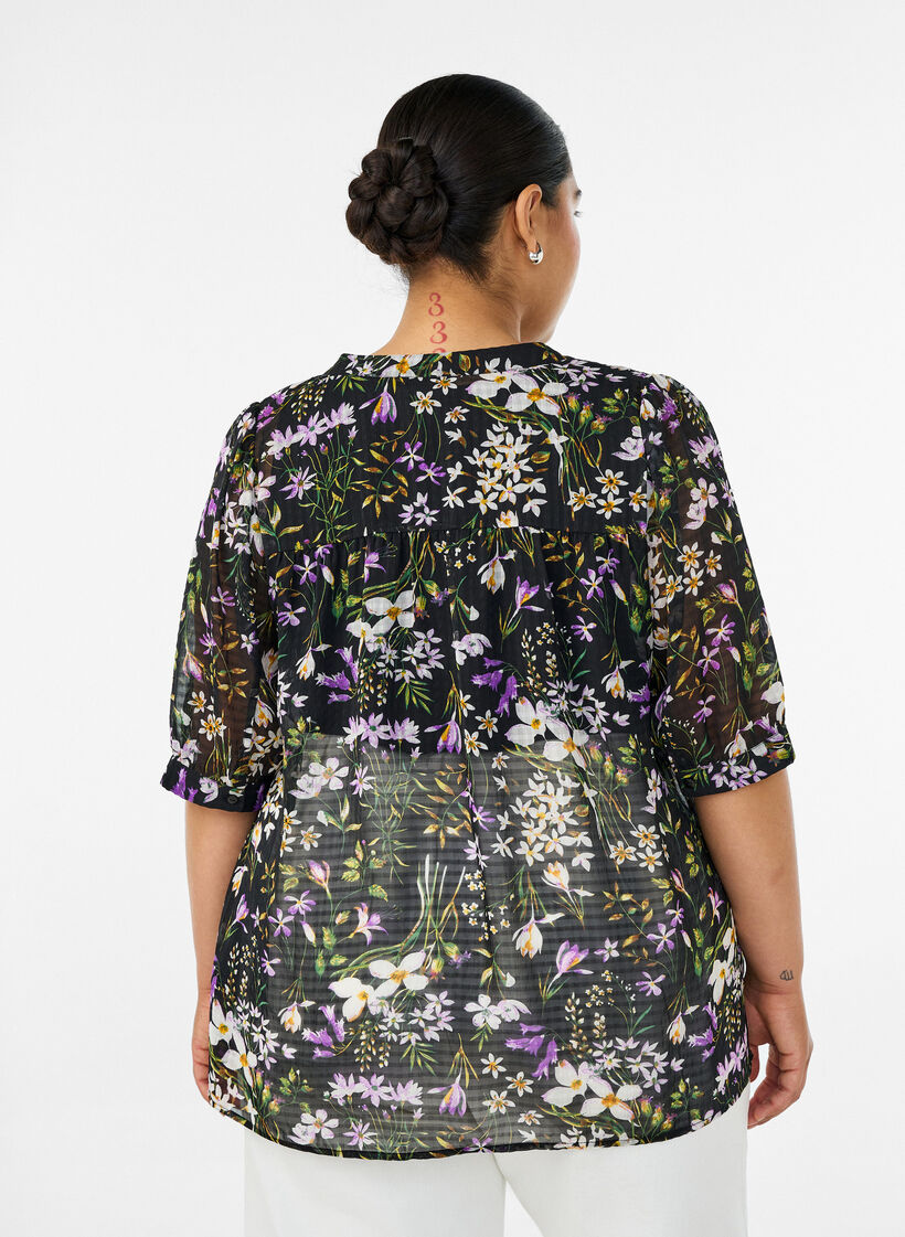Blouse with floral print and V-neck, Black, Model image number 2