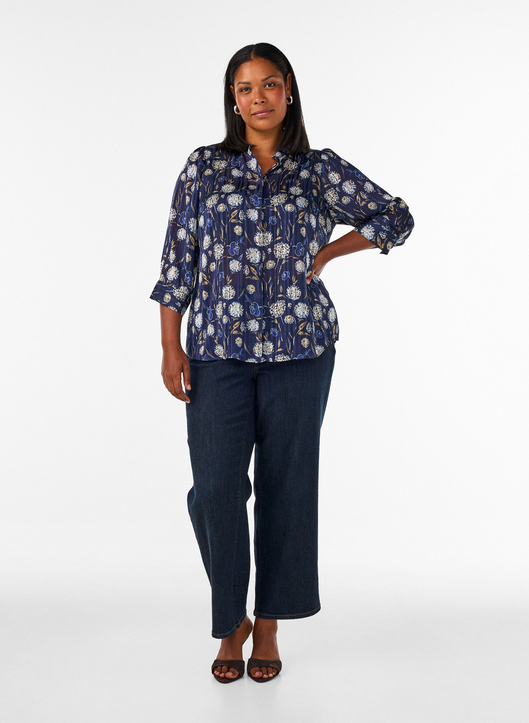 ZizzifashionPatterned shirt with a stand-up collar and 3/4-sleeves, Blue, Model image number 1