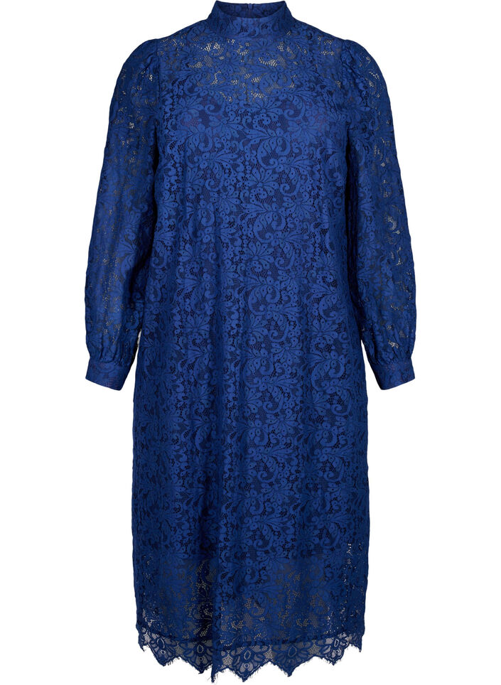 Long-sleeved lace dress with high neck, Estate Blue, Packshot image number 0