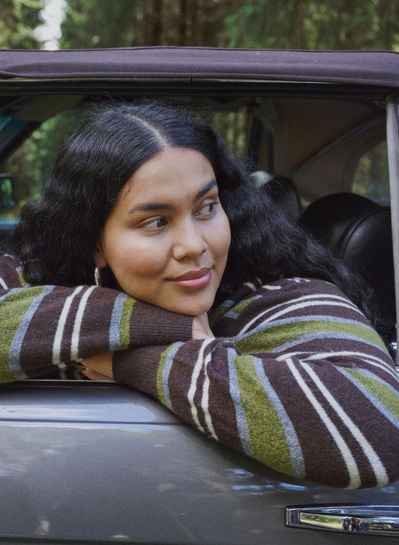 Knitted blouse with stripes and polo collar, Brown, Image