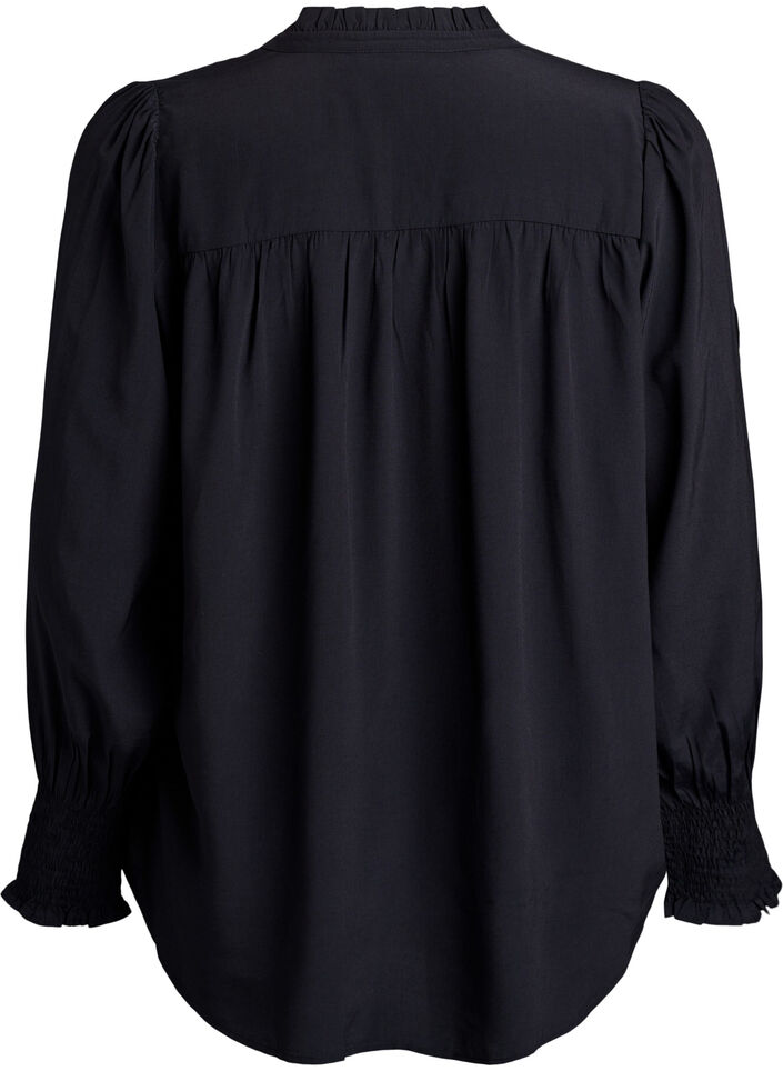 Blouse with ruffle collar and ruching, Black, Packshot image number 1