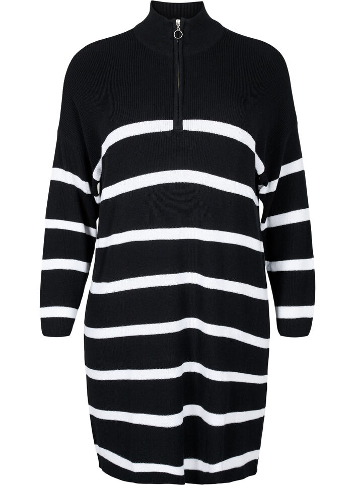 Striped knit dress with zipper, Black w.Cloud Dancer, Packshot image number 0