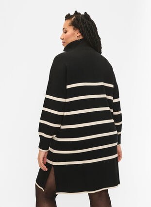 Striped knit dress with high collar and zipper, Black w. Birch, Model image number 1