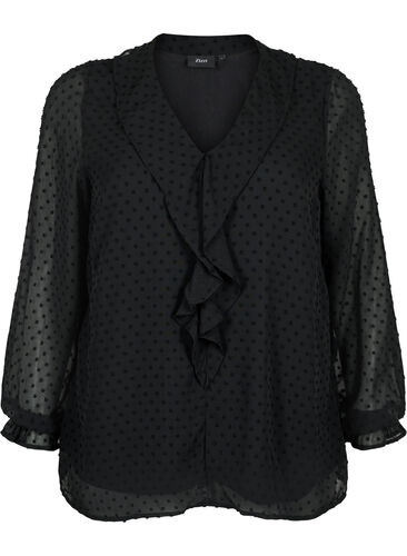 Blouse with ruffles and dotted texture, Black, Packshot image number 0
