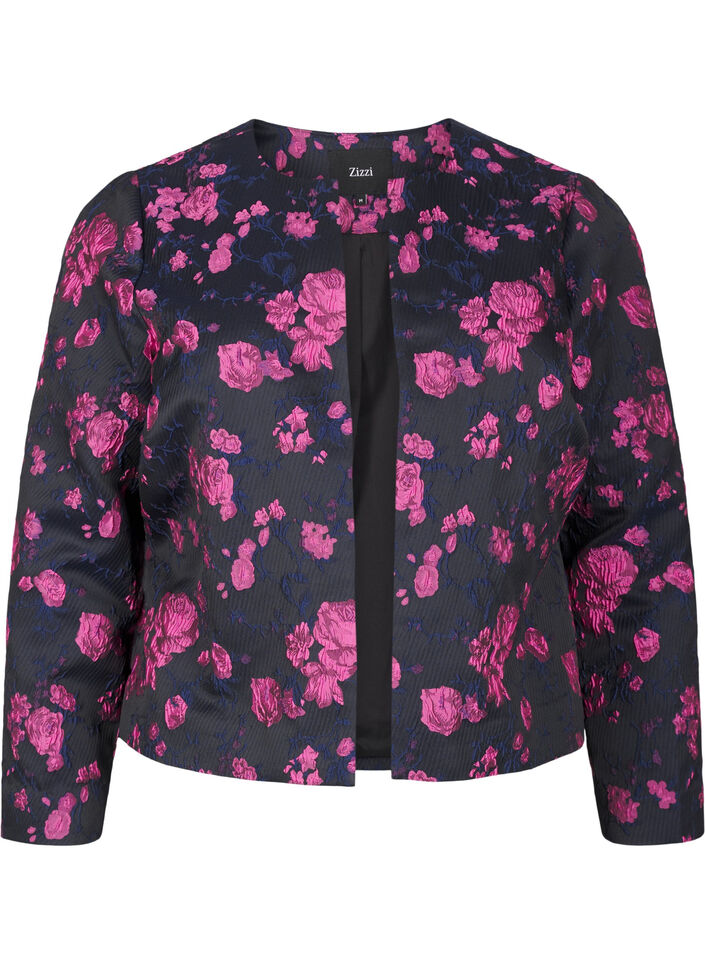 Jacquard jacket with floral pattern, Black w. Red Rose, Packshot image number 0