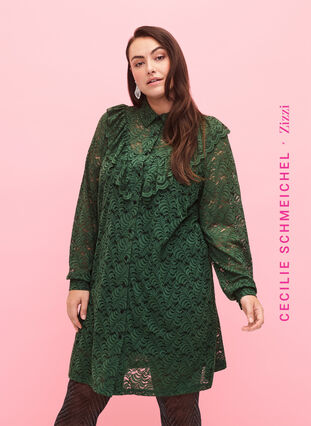 Lace shirt dress with frills, Hunter Green, Model image number 0