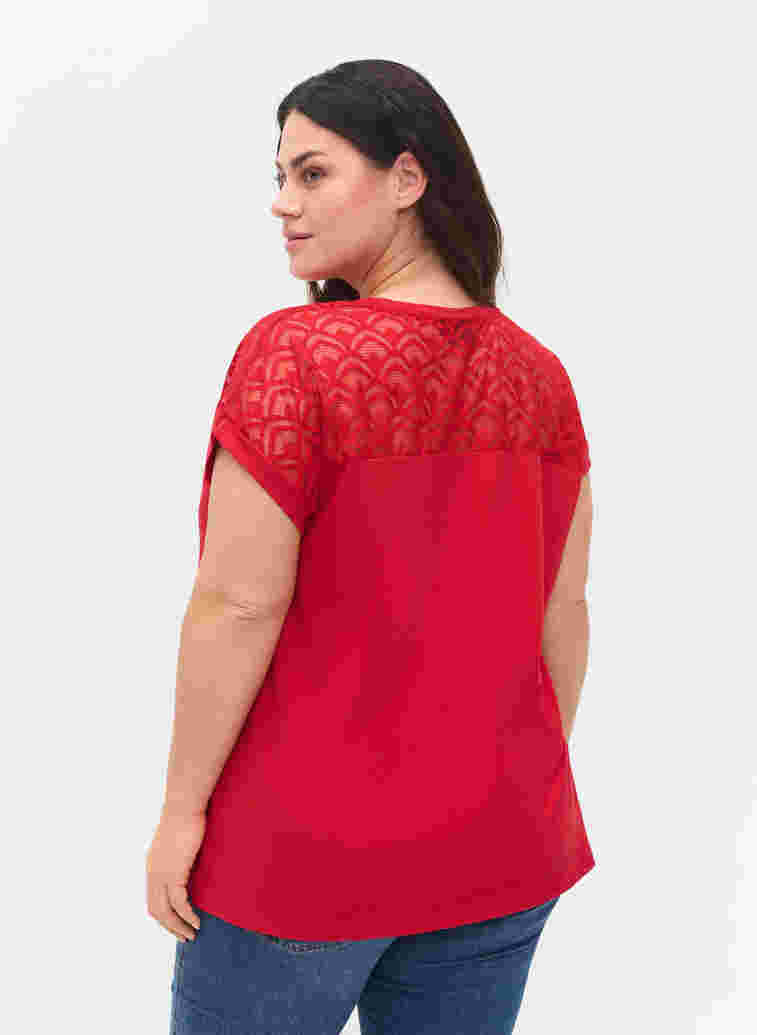 Short-sleeved cotton t-shirt with lace, Tango Red, Model image number 1