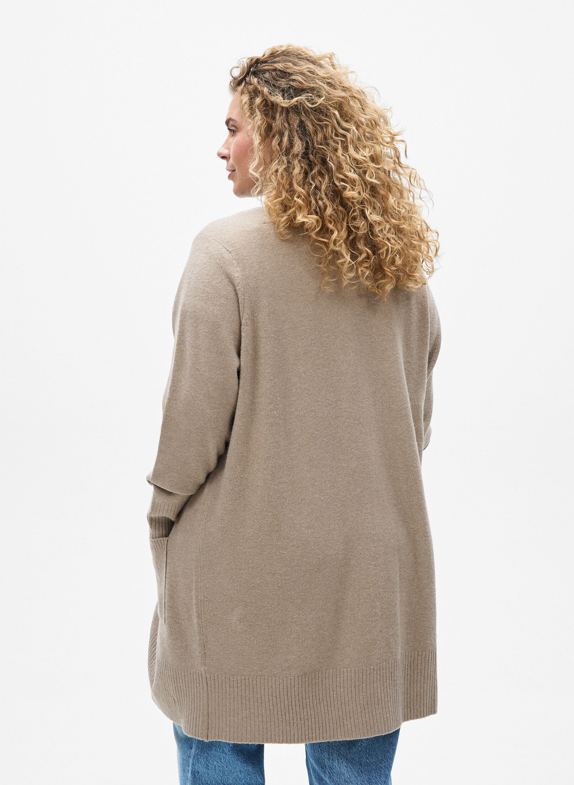 ZizzifashionRibbed Knit Cardigan with Pockets, Beige, Model image number 2